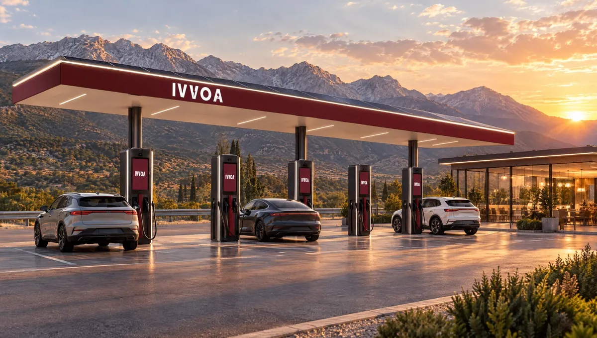 IVVOA Hub on a highway near Antalya at golden hour: solar canopy with burgundy fascia, large-display DC chargers, Taurus mountains behind